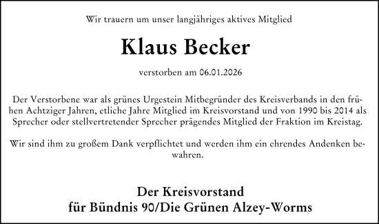Traueranzeige von Klaus Becker von Allgemeine Zeitung Alzey
