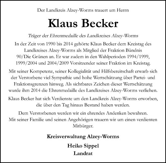 Traueranzeige von Klaus Becker von Allgemeine Zeitung Alzey