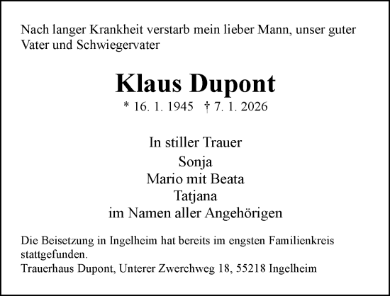 Traueranzeige von Klaus Dupont von Allgemeine Zeitung Rheinhessen-Nahe