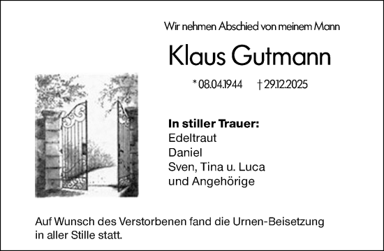 Traueranzeige von Klaus Gutmann von Allgemeine Zeitung Alzey