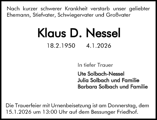 Traueranzeige von Klaus D. Nessel von Darmstädter Echo