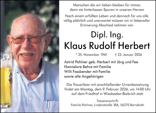 Traueranzeige von Klaus Rudolf Herbert von Wiesbadener Kurier