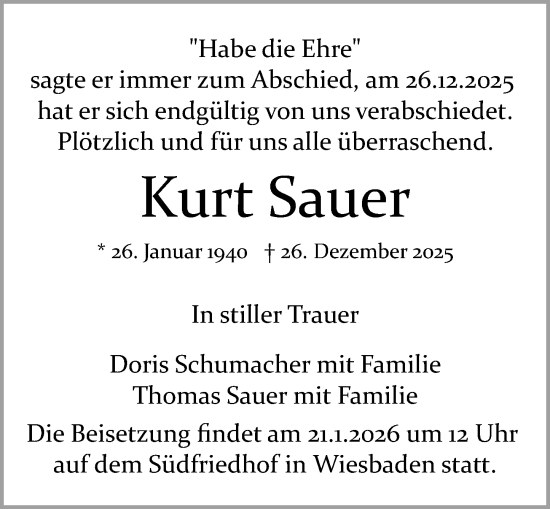 Traueranzeige von Kurt Sauer von Wiesbadener Kurier