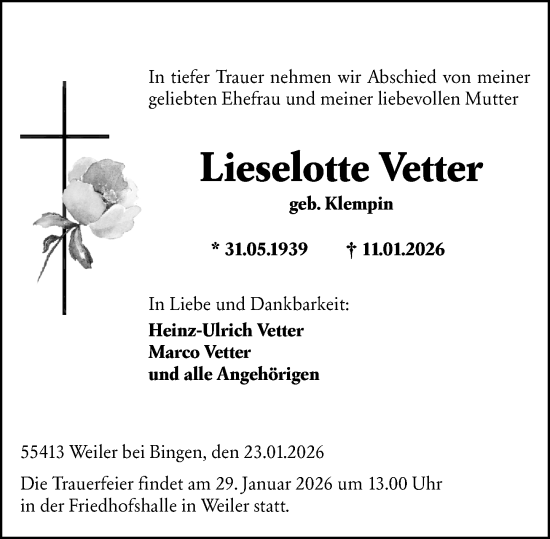 Traueranzeige von Lieselotte Vetter von Allgemeine Zeitung Rheinhessen-Nahe