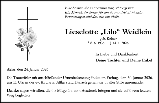 Traueranzeige von Lieselotte Weidlein von Wetzlarer Neue Zeitung