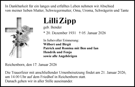 Traueranzeige von Lilli Zipp von Weilburger Tageblatt