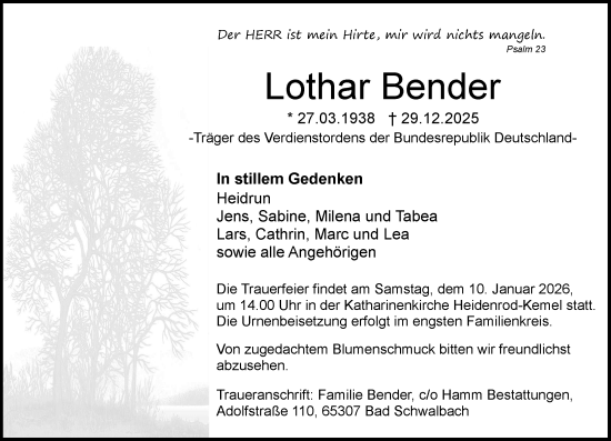 Traueranzeige von Lothar Bender von Idsteiner Land/Untertaunus