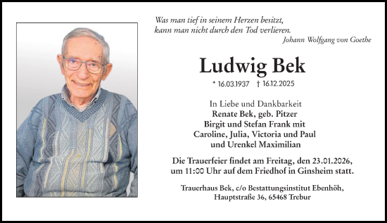 Traueranzeige von Ludwig Bek von Allgemeine Zeitung Mainz