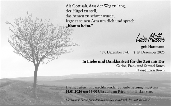 Traueranzeige von Luise Müller von Dill Block