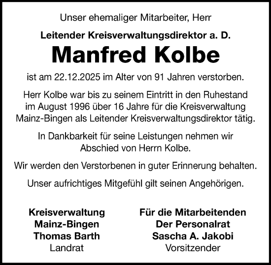 Traueranzeige von Manfred Kolbe von Allgemeine Zeitung Mainz