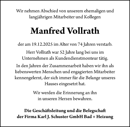 Traueranzeige von Manfred Vollrath von Starkenburger Echo