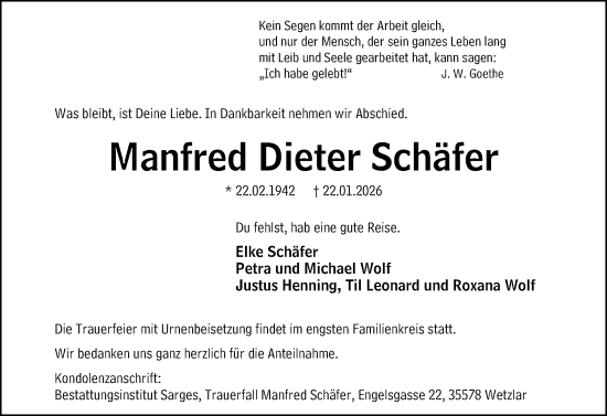 Traueranzeige von Manfred Dieter Schäfer von Wetzlarer Neue Zeitung