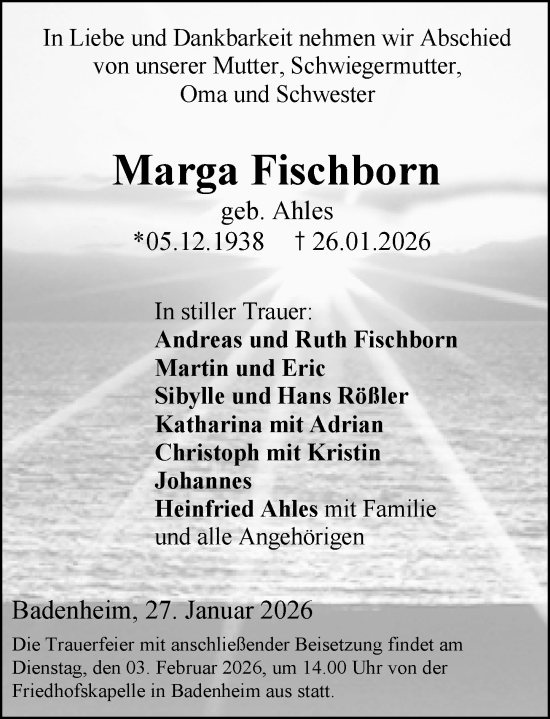 Traueranzeige von Marga Fischborn von Allgemeine Zeitung Rheinhessen-Nahe