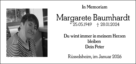 Traueranzeige von Margarete Baumhardt von Rüsselsheimer Echo