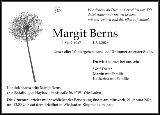 Traueranzeige von Margit Berns von Wiesbadener Kurier