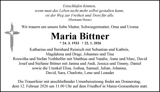 Traueranzeige von Maria Bittner von Allgemeine Zeitung Mainz