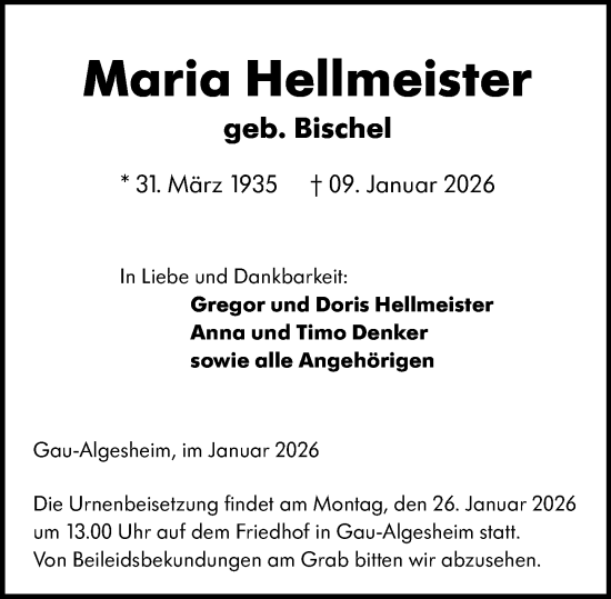 Traueranzeige von Maria Hellmeister von Allgemeine Zeitung Rheinhessen-Nahe