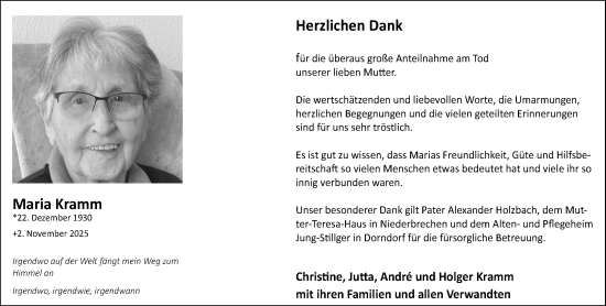 Traueranzeige von Maria Kramm von Nassauische Neue Presse