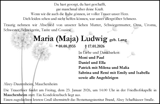 Traueranzeige von Maria Ludwig von Allgemeine Zeitung Alzey