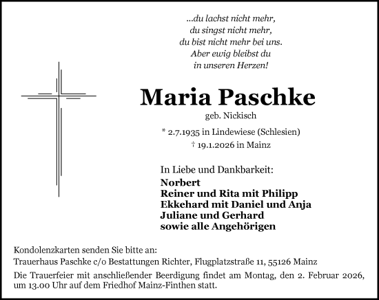 Traueranzeige von Maria Paschke von Allgemeine Zeitung Mainz