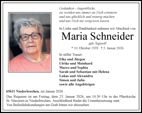 Traueranzeige von Maria Schneider von Nassauische Neue Presse