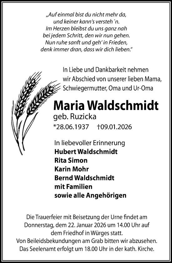 Traueranzeige von Maria Waldschmidt von Camberger Anzeiger