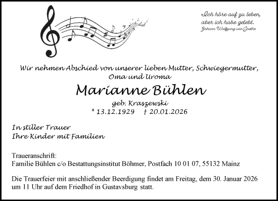 Traueranzeige von Marianne Bühlen von Allgemeine Zeitung Mainz