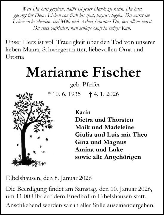 Traueranzeige von Marianne Fischer von Dill Block