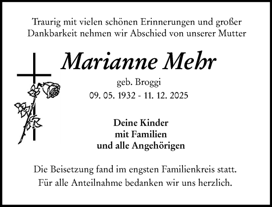 Traueranzeige von Marianne Mehr von Wetzlarer Neue Zeitung