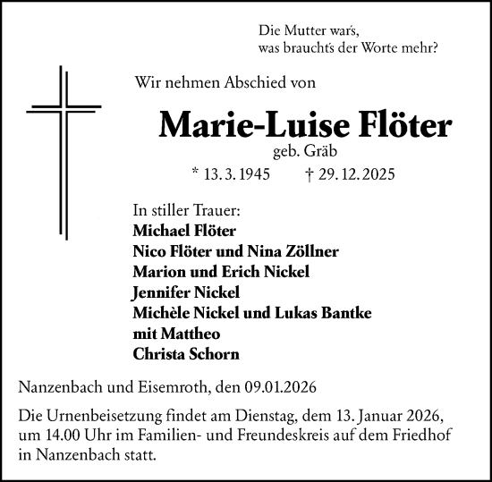 Traueranzeige von Marie-Luise Flöter von Dill Block