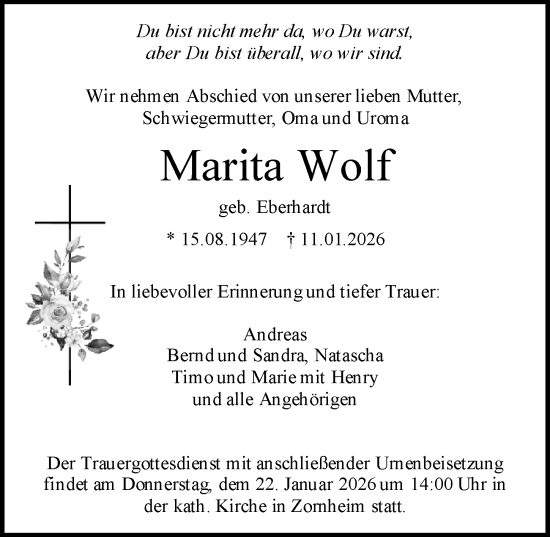 Traueranzeige von Marita Wolf von Allgemeine Zeitung Mainz