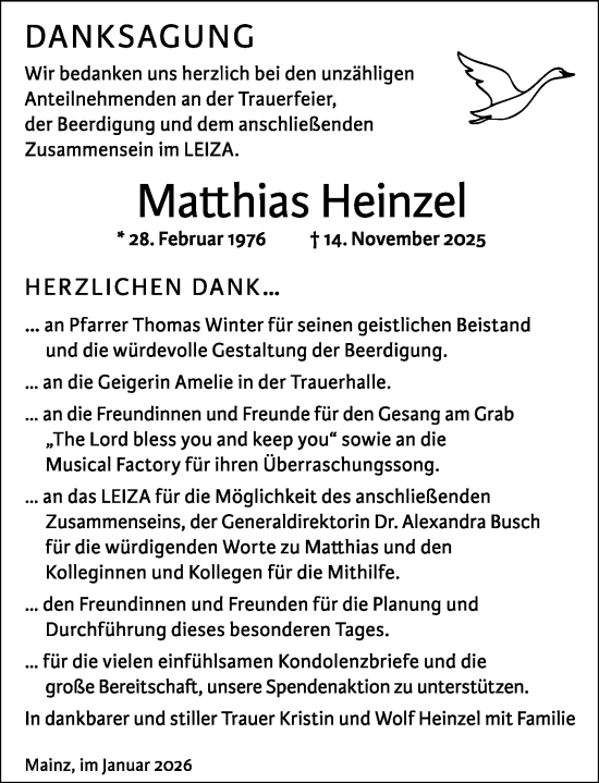 Traueranzeige von Matthias Heinzel von Allgemeine Zeitung Mainz