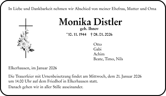 Traueranzeige von Monika Distler von Weilburger Tageblatt