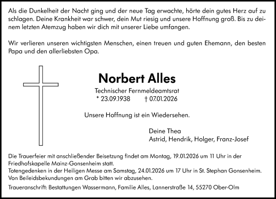 Traueranzeige von Norbert Alles von Allgemeine Zeitung Mainz