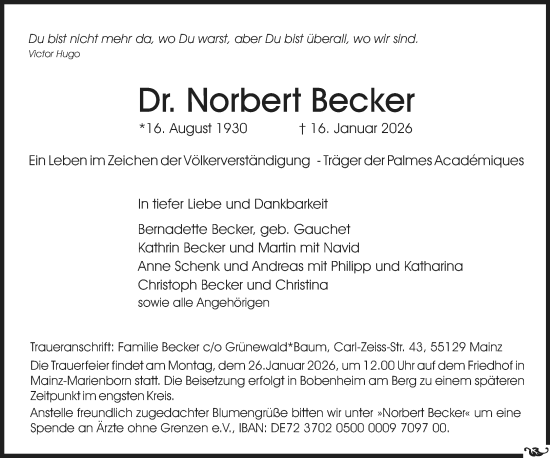 Traueranzeige von Norbert Becker von Allgemeine Zeitung Mainz