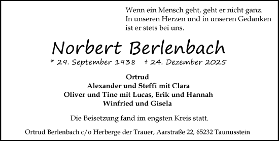 Traueranzeige von Norbert Berlenbach von Wiesbadener Kurier