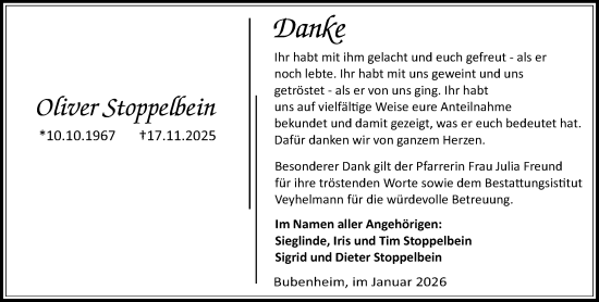 Traueranzeige von Oliver Stoppelbein von Allgemeine Zeitung Rheinhessen-Nahe