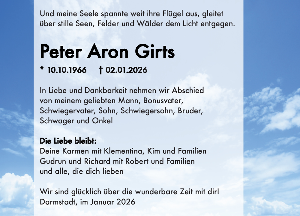  Traueranzeige für Peter Aron Girts vom 10.01.2026 aus Darmstädter Echo
