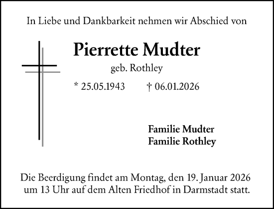Traueranzeige von Pierrette Mudter von Darmstädter Echo