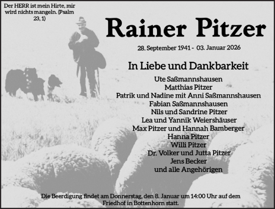 Traueranzeige von Rainer Pitzer von Hinterländer Anzeiger