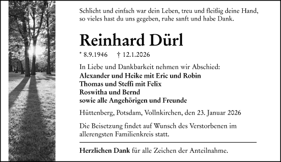 Traueranzeige von Reinhard Dürl von Wetzlarer Neue Zeitung