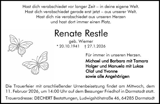 Traueranzeige von Renate Restle von Darmstädter Echo