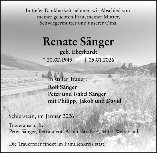 Traueranzeige von Renate Sänger von Wiesbadener Kurier