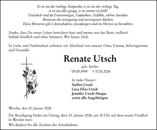 Traueranzeige von Renate Utsch von Wetzlarer Neue Zeitung