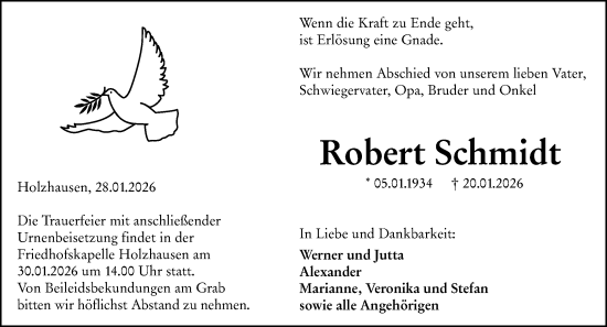 Traueranzeige von Robert Schmidt von Hinterländer Anzeiger