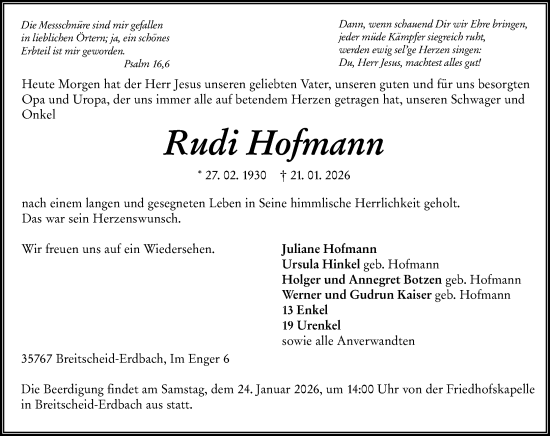 Traueranzeige von Rudi Hofmann von Dill Block