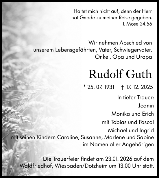 Traueranzeige von Rudolf Guth von Wiesbadener Kurier