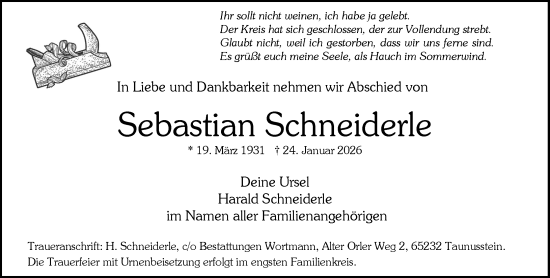 Traueranzeige von Sebastian Schneiderle von Rheingau-Taunus-Kreis Wochenblatt