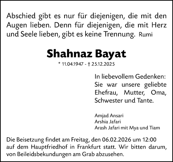 Traueranzeige von Shahnaz Bayat von Darmstädter Echo