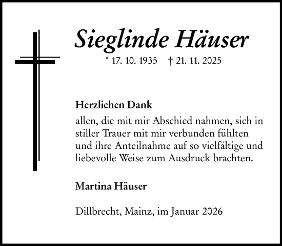 Traueranzeige von Sieglinde Häuser von Dill Block